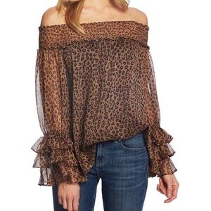 NWT! Cece Off Shoulder Leopard Chiffon Ruffle Sleeve Blouse S Top